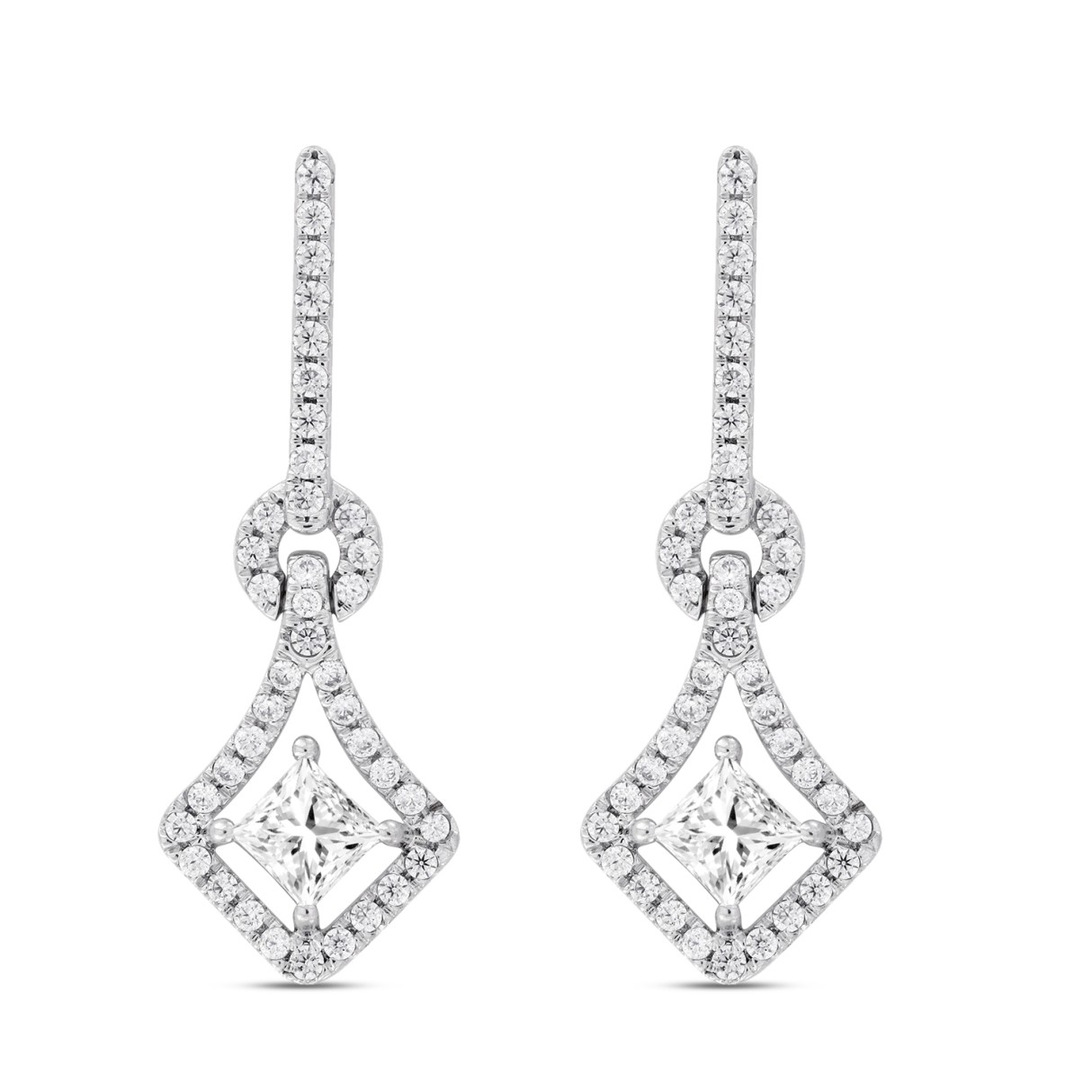 LADIES EARRINGS 1 1/3CT ROUND/PRINCESS DIAMOND 14K WHITE GOLD - Image 1