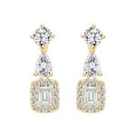 LADIES EARRINGS 2CT ROUND/EMERALD/PEAR DIAMOND 14K YELLOW GOLD (CENTER STONE EMERALD DIAMOND 1/2CT )