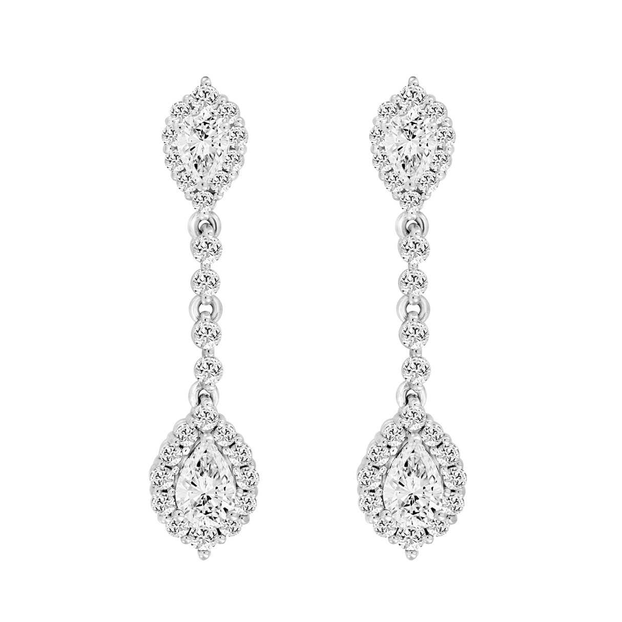 LADIES LINEAR EARRINGS 2 3/4CT PEAR/ROUND DIAMOND 14K WHITE GOLD (CENTER STONE PEAR DIAMOND 1CT ) - Image 1