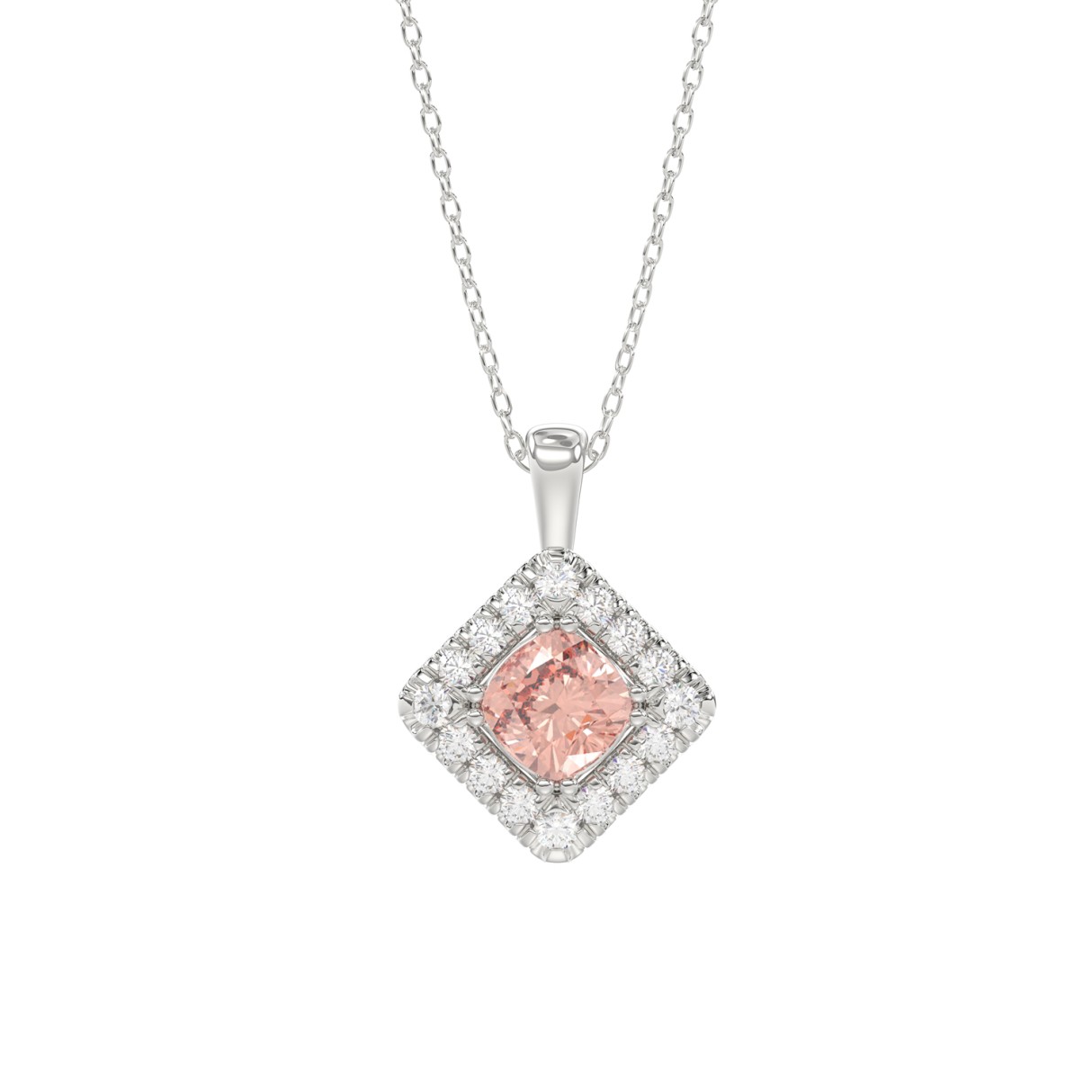 14K WHITE GOLD 1 1/4CT ROUND/PINK CUSHION DIAMOND LADIES PENDANT WITH CHAIN - Image 1