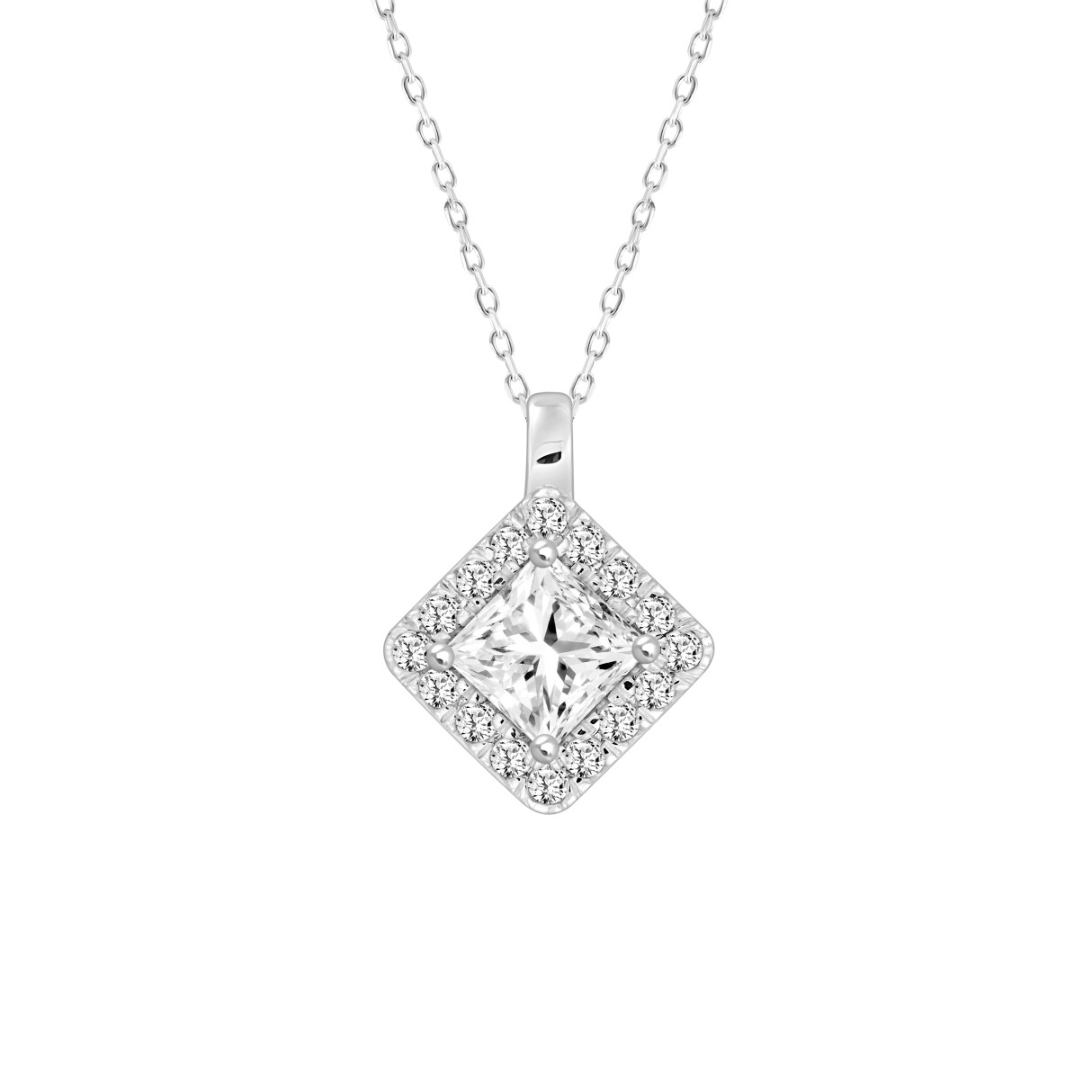 14K WHITE GOLD 1 1/4CT ROUND/PRINCESS DIAMOND LADIES PENDANT WITH CHAIN (CENTER STONE PRINCESS DIAMOND 1CT - Image 1