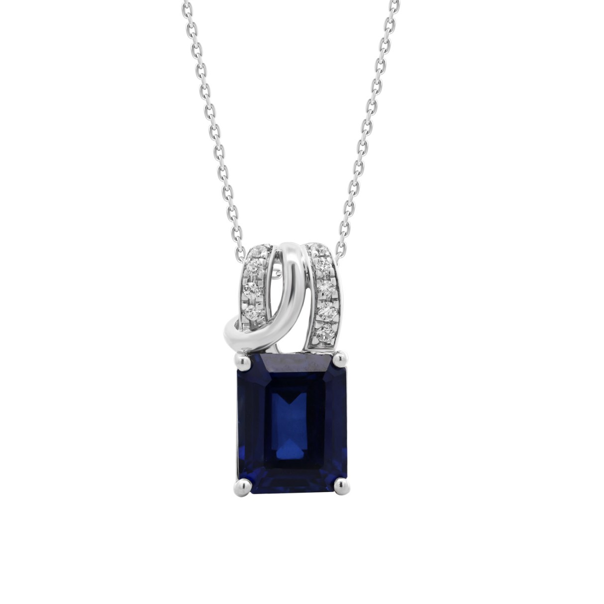 14K WHITE GOLD 1/10CT ROUND/BLUE EMERALD DIAMOND LADIES PENDANT WITH CHAIN - Image 1