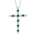 14K WHITE GOLD 3/4CT ROUND DIAMOND LADIES PENDANT (CENTER STONE GREEN EMERALD ROUND DIAMOND 3/8CT)