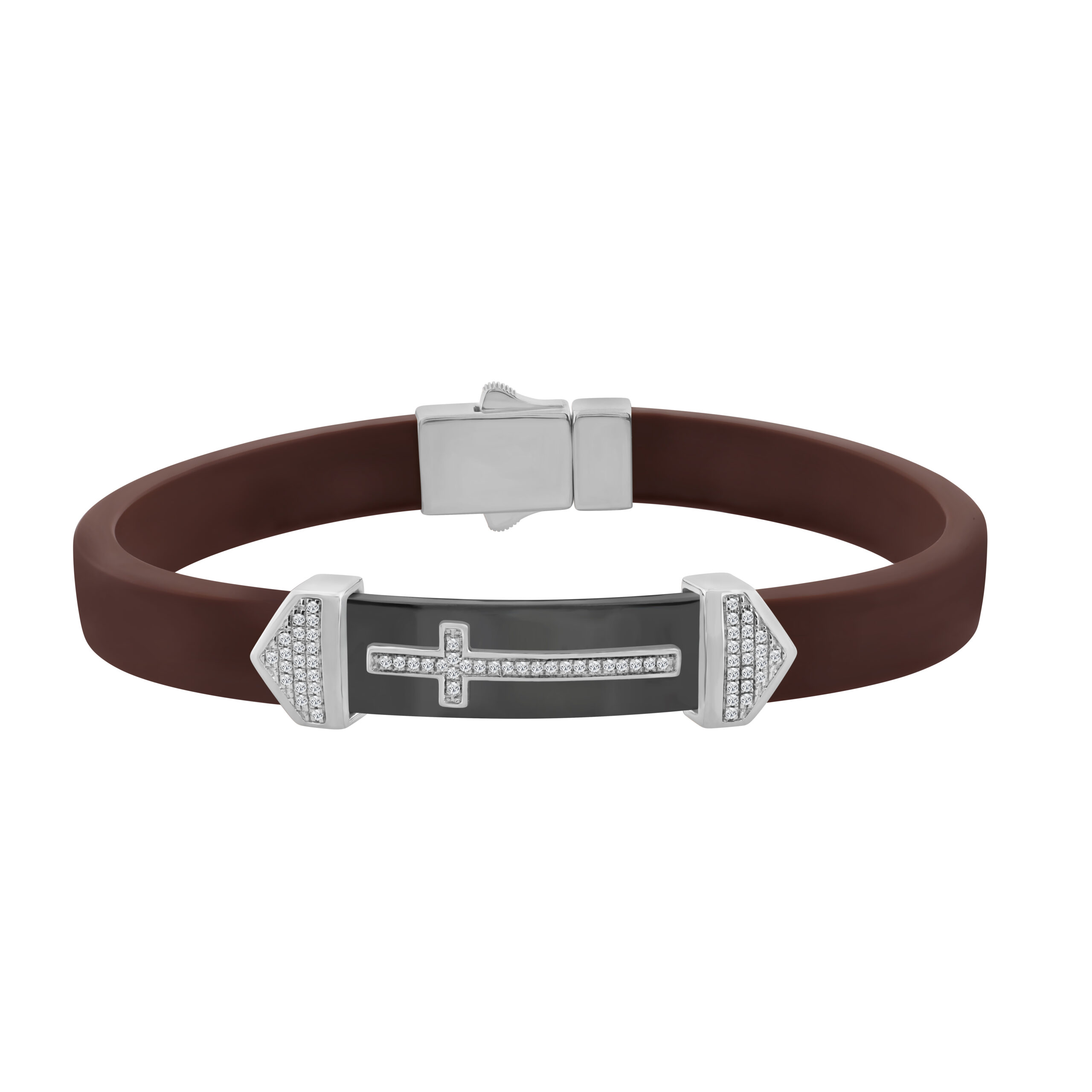 Men’S Sterling Silver White Bracelet With Brown Leather Strap And Central Black Accent – 0.25Ct - Image 1