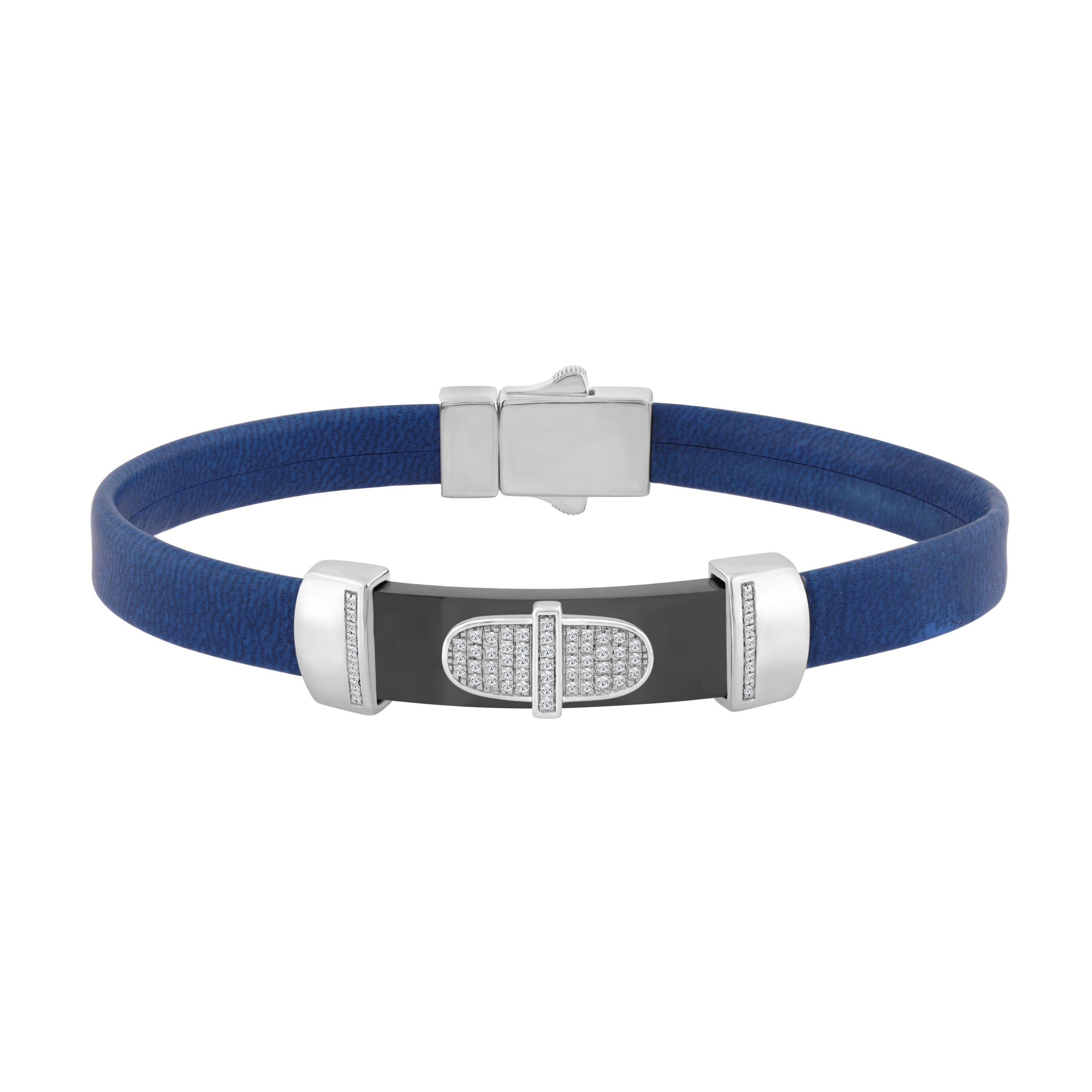 0.25 Ct Round Diamond Men’S Bracelet – Sterling Silver White With Rubber Strap (Blue/Black) - Image 1