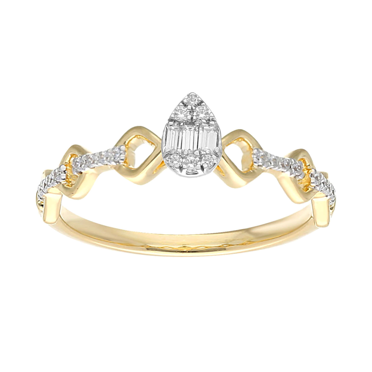 Ladies 0.15Ct Diamond Teardrop Halo Promise Ring – Baguette & Round Cut Diamonds In 10K Yellow Gold - Image 1