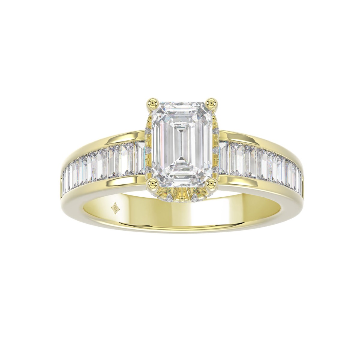 LADIES RING 2 3/4CTROUND/BAGUETTE/EMERALD DIAMOND 14K YELLOW GOLD (CENTER STONE EMERALD DIAMOND 2.00CT ) - Image 1