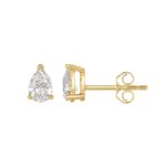 LADIES SOLITAIRE EARRINGS 1CT PEAR DIAMOND 14K YELLOW GOLD - Image 2