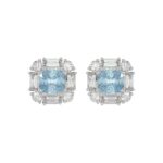 14K WHITE GOLD 1 1/3CT ROUND/BAGUETTE /BLUE CUSHION DIAMOND LADIES EARRING