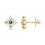 14K YELLOW GOLD 1 1/2CT ROUND DIAMOND LADIES EARRINGS (GREEN EMERALD ROUND 2 STONE) - Image 2