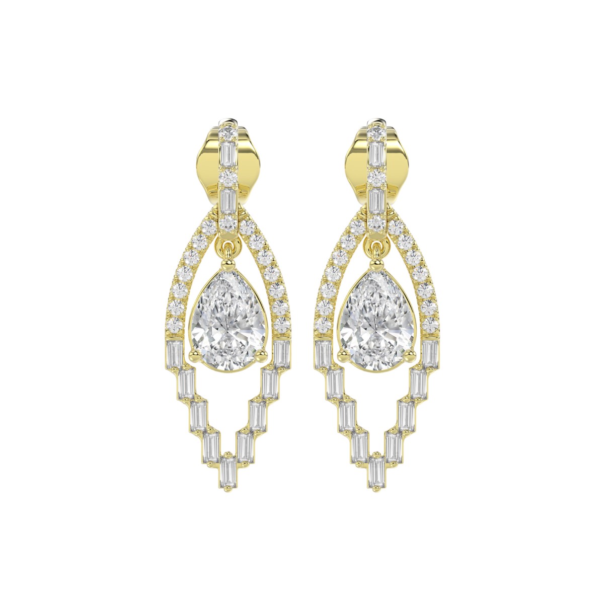 14K YELLOW GOLD 2.00CT ROUND/BAGUETTE/PEAR DIAMOND LADIES EARRINGS - Image 1