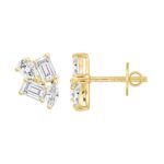 LADIES STUD EARRINGS 2CT EMERALD/PEAR/MARQUISE DIAMOND 14K YELLOW GOLD - Image 2