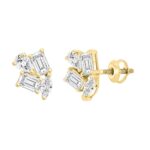 LADIES STUD EARRINGS 2CT EMERALD/PEAR/MARQUISE DIAMOND 14K YELLOW GOLD - Image 3