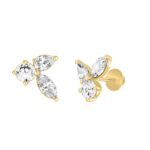 LADIES STUD EARRINGS 3CT PEAR/ROUND/MARQUISE DIAMOND 14K YELLOW GOLD - Image 3