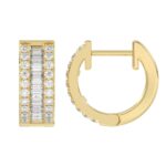 LADIES HOOP EARRINGS 3/8CT ROUND/BAGUETTE DIAMOND 14K YELLOW GOLD - Image 2