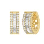 LADIES HOOP EARRINGS 3/8CT ROUND/BAGUETTE DIAMOND 14K YELLOW GOLD - Image 3