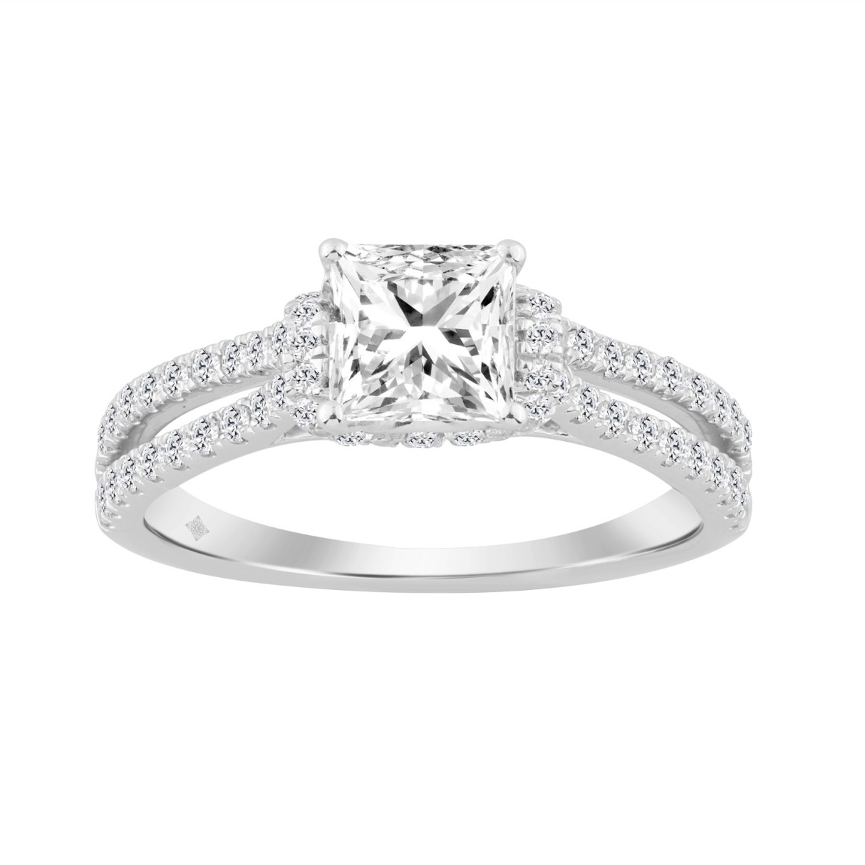 14K WHITE GOLD 1 1/2CT ROUND/PRINCESS DIAMOND LADIES BRIDAL RING (CENTER STONE PRINCESS DIAMOND 1CT) - Image 1