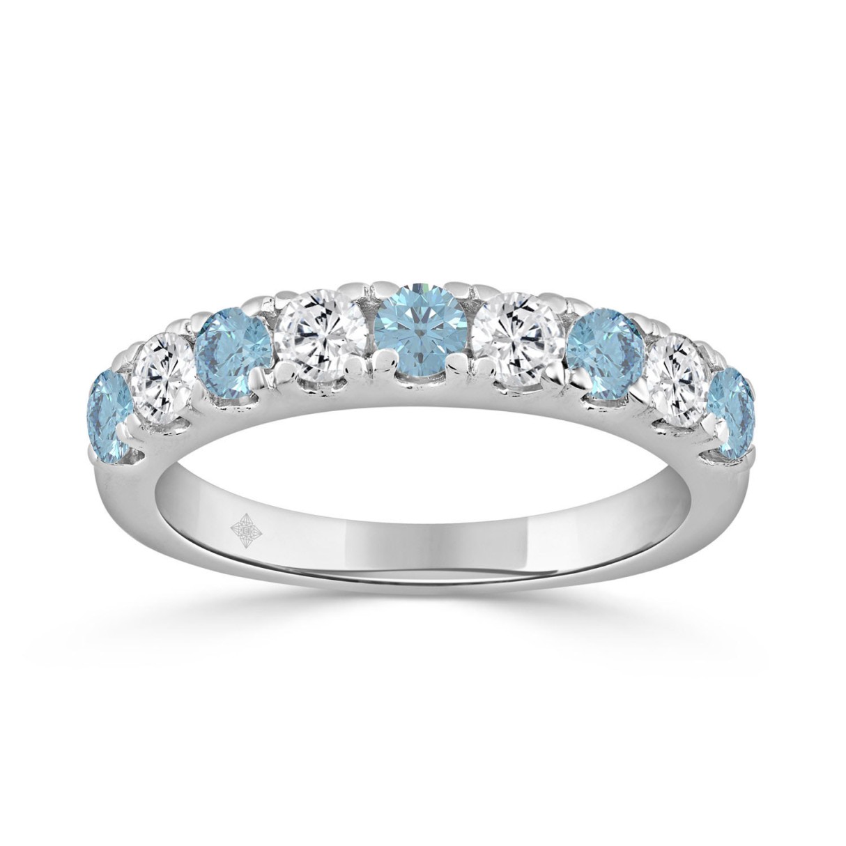 14K White Gold 1.00 CT Round Blue & White Diamond Alternating Band Ring - Image 1
