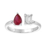 14K WHITE GOLD 1.00CT EMERALD/PEAR RUBY DIAMOND LADIES RING