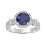 14K WHITE GOLD 2 1/2CT ROUND/BAGUETTE DIAMOND LADIES RING (CENTER STONE BLUE SAPPHIRE ROUND DIAMOND 2CT)