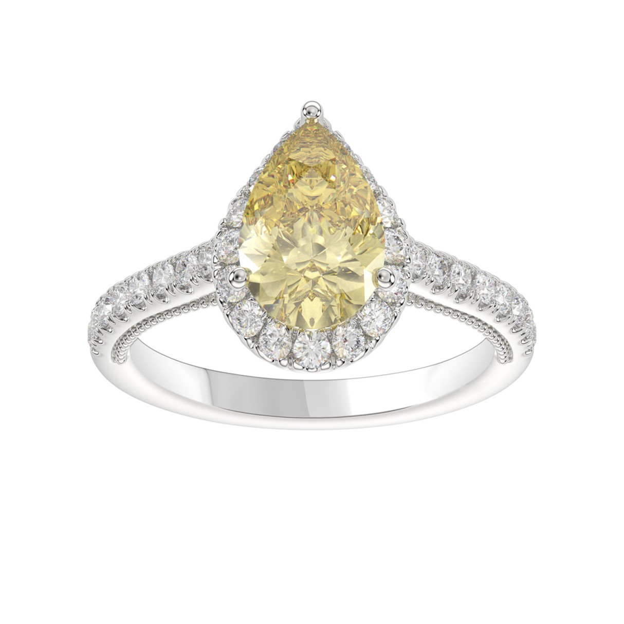 14K WHITE GOLD 2 1/2CT ROUND/PEAR DIMAOND LADIES RING (CENTER STONE PEAR YELLOW DIAMOND 2.00CT) - Image 1