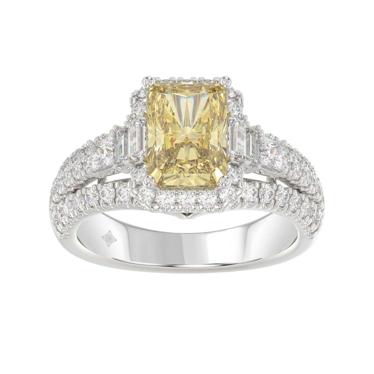 14K WHITE GOLD 3.00CT ROUND/BAGUETTE/YELLOW RADIANT DIAMOND LADIES RING (CENTER STONE RADIANT YELLOW DIAMOND 2.00CT) - Image 1