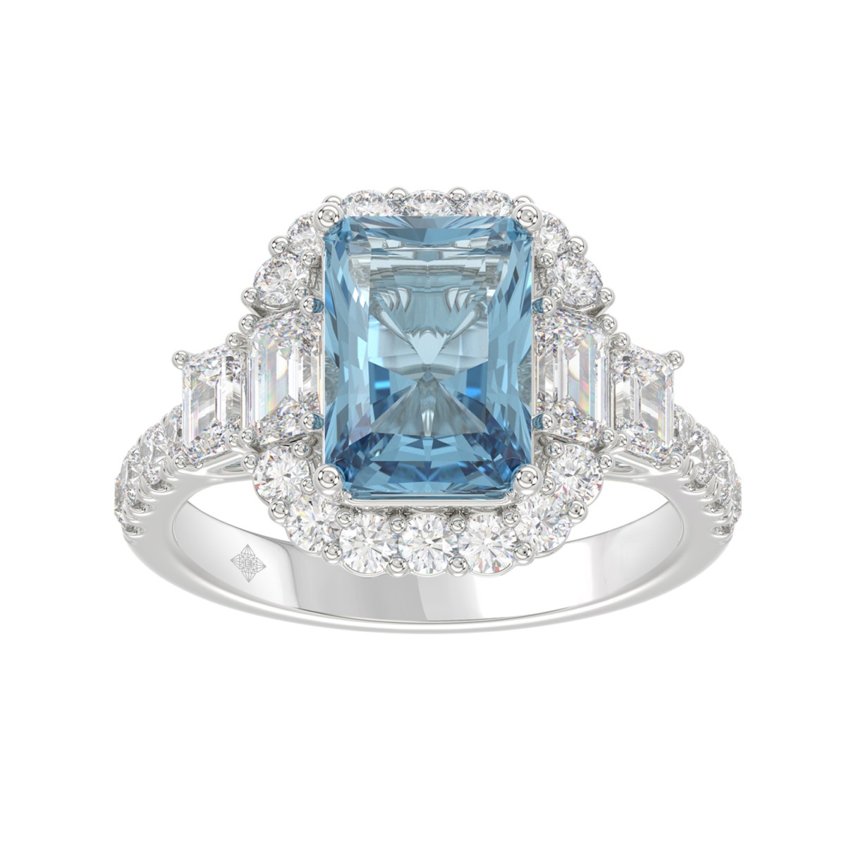 14K WHITE GOLD 4 1/2CT ROUND/EMERALD DIAMOND LADIES RING (CENTER STONE RADIANT BLUE DIAMOND 3.00CT) - Image 1