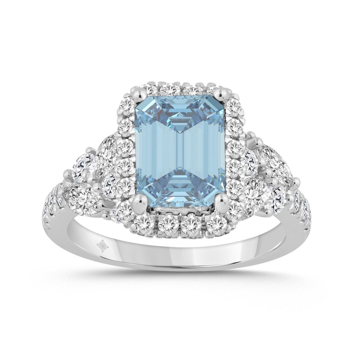14K WHITE GOLD 4 1/2CT ROUND/MARQUISE/EMERALD DIAMOND LADIES RING (CENTER STONE BLUE EMERALD DIAMOND 2CT) - Image 1