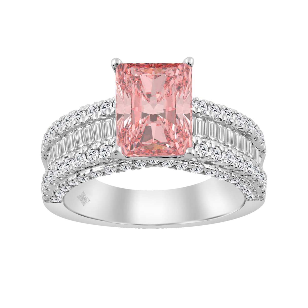 14K WHITE GOLD 4 1/4CT ROUND/RADIANT/BAGUETTE DIAMOND LADIES RING (CENTER STONE RADIANT PINK DIAMOND 3CT) - Image 1