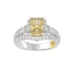 14K WHITE GOLD CRAFTED WITH 18K YELLOW GOLD SHANK 3.00CT ROUND/BAGUETTE/YELLOW RADIANT DIAMOND LADIES RING (CENTER STONE RADIANT YELLOW DIAMOND 2.00CT