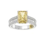 14K WHITE GOLD CRAFTED WITH 18K YELLOW GOLD SHANK 5 1/4CT ROUND/BAGUETTE/RADIANT DIAMOND LADIES RING (CENTER STONE YELLOW RADIANT DIAMOND 4.00CT)