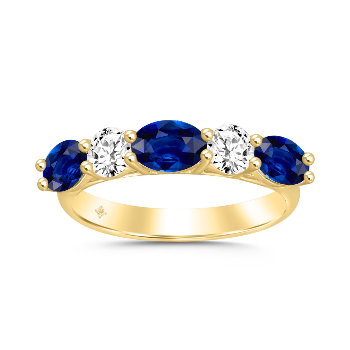 14k Yellow Gold 2CT five-stone ladies Band featuring alternating Round/Oval blue sapphires diamonds (Color F-G -Clarity VS1/VS2) - Image 1