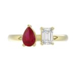 14K YELLOW GOLD 1.00CT EMERALD/PEAR RUBY DIAMOND LADIES RING - Image 5