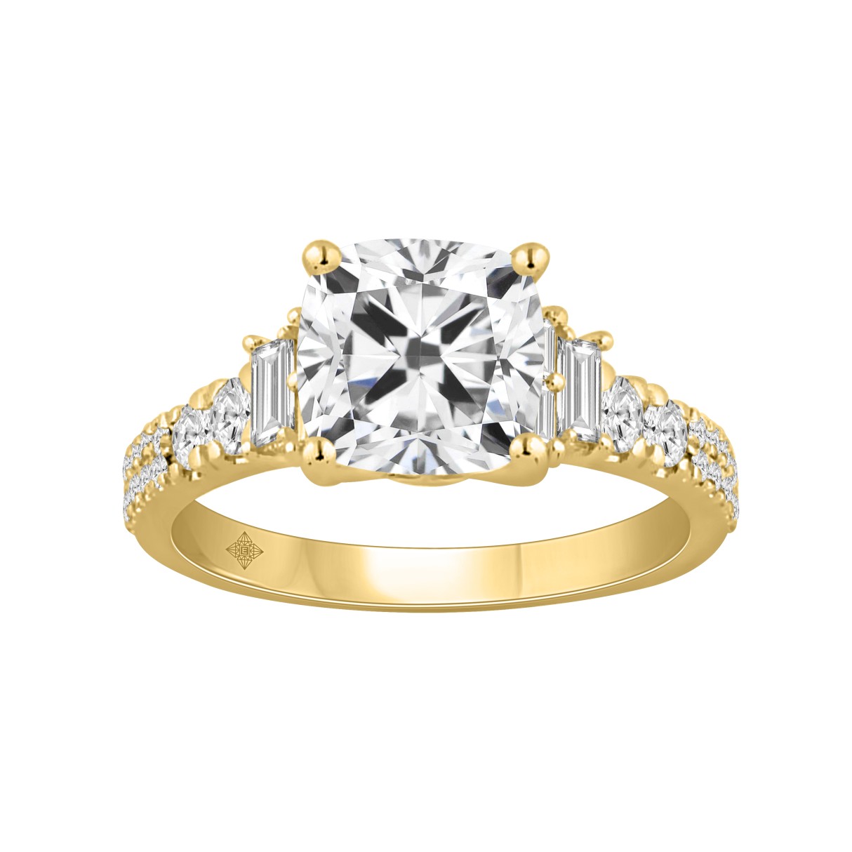 14K YELLOW GOLD 2 1/2CT ROUND/CUSHION/BAGUETTE DIAMOND LADIES RING (CENTER STONE CUSHION DIAMOND 2CT) - Image 1