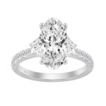 2 3/4Ct White Gold  Oval Cut 14K Three-Stone Engagement Ring & Round With Trapezoid Side Stones 2.00Ct Oval Center Stone (Color F-G -Clarity Vs1/V
