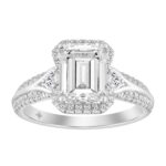 Elegance Ladies 14K White Gold 3 1/2CT Round Lab Grown Diamond Bridal Ring & Emerald Cut Halo Engagement Ring for Women (3.00CT Emerald Center stone (