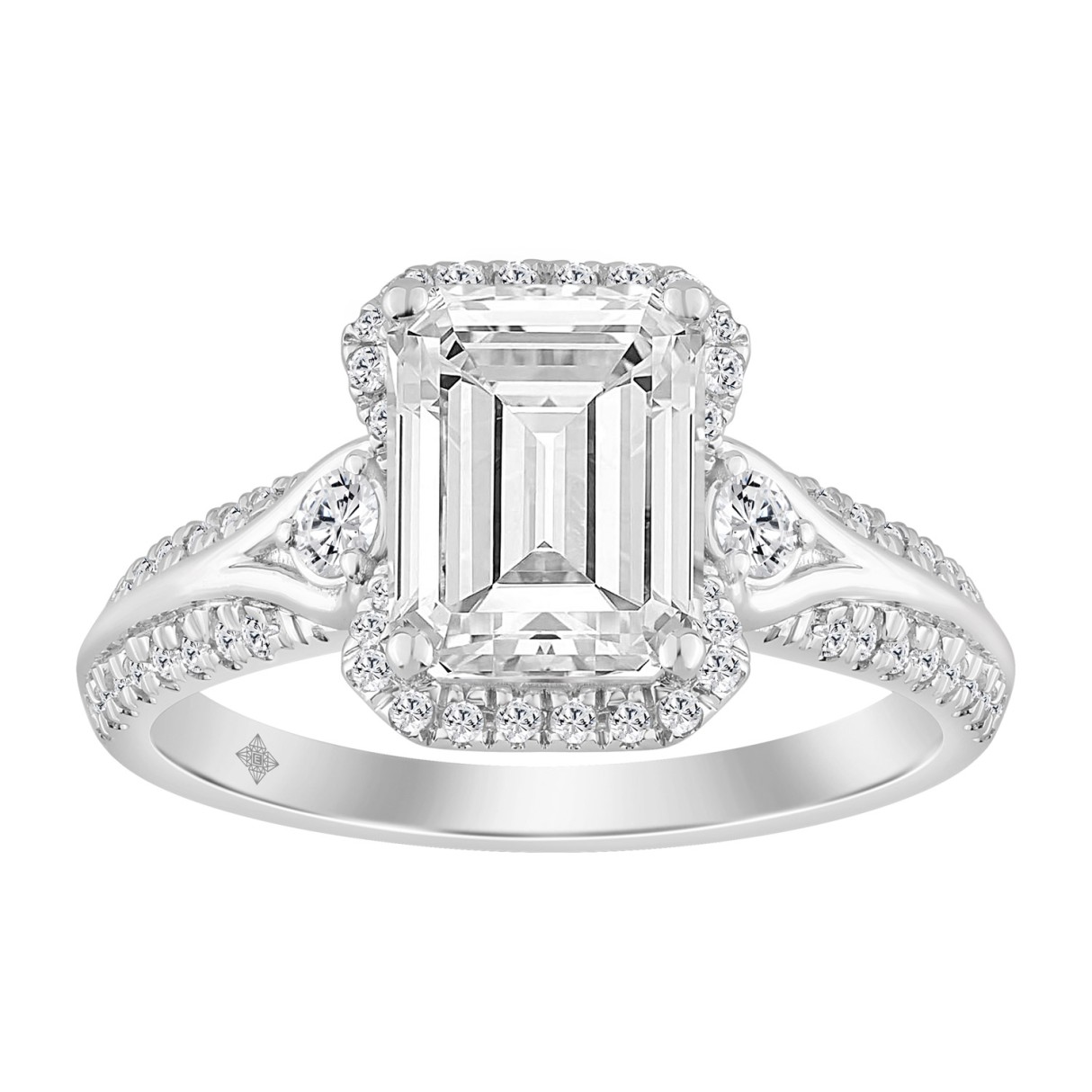 Elegance Ladies 14K White Gold 3 1/2CT Round Lab Grown Diamond Bridal Ring & Emerald Cut Halo Engagement Ring for Women (3.00CT Emerald Center stone ( - Image 1
