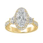 Elegant 14K Yellow Gold 3 1/4Ct Round Diamond Halo & Three-Stone Engagement Ring With Trapezoid Side Stones 2.00Ct Oval Center Stone (Color F-G -Clari