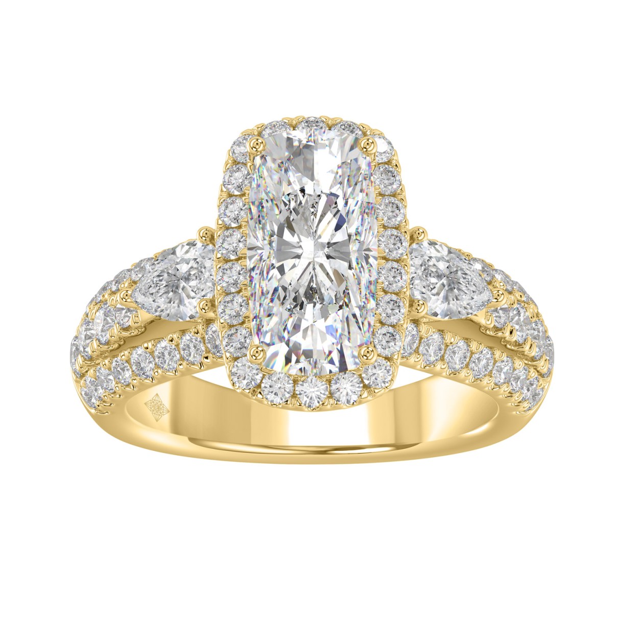 Ladies 14K Yellow Gold 3 1/2CT Featuring Fashion Ring with Round, Pear & Cushion Diamond 2.00CT Cushion Center stone (Color F-G -Clarity VS1/VS2) - Image 1