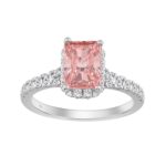 Luxury 14K White Gold Round & Radiant Pink Diamond Halo Engagement Ring 2 1/5CTCT with 1 1/2CT Radiant Cut Pink Center Stone (Color F-G  Clarity V