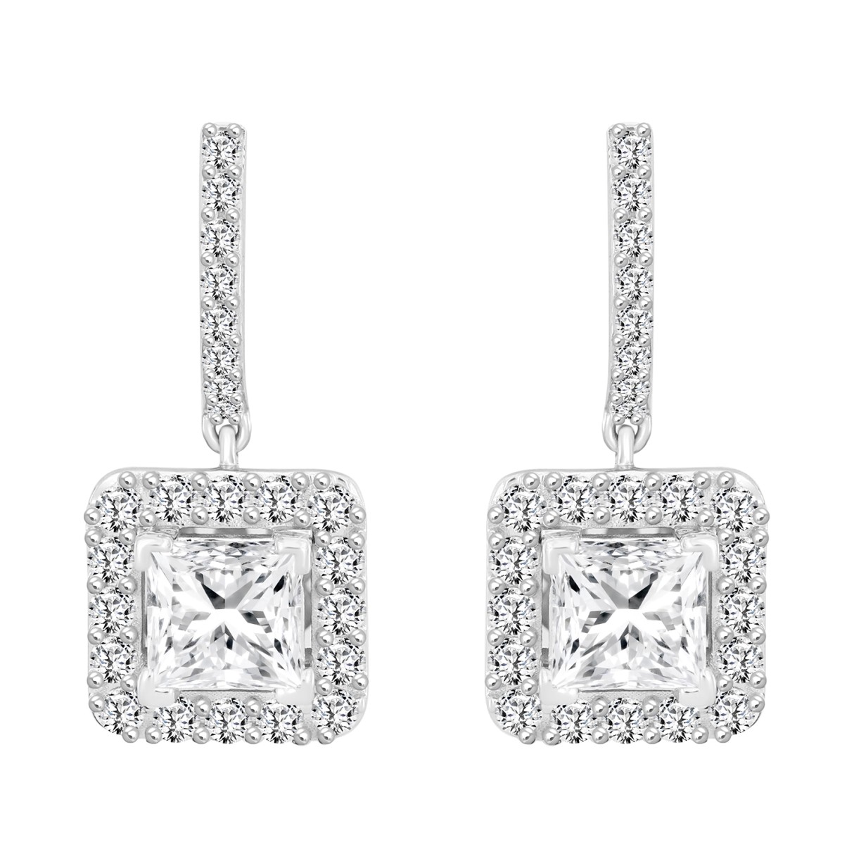 LADIES EARRINGS 3CT PRINCESS/ROUND DIAMOND 14K WHITE GOLD (CENTER STONE PRINCESS DIAMOND 2CT ) - Image 1