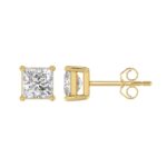 LADIES SOLITAIRE EARRINGS 2 1/2CT PRINCESS DIAMOND 14K YELLOW GOLD - Image 2