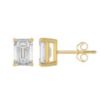 LADIES SOLITAIRE EARRINGS 3CT EMERALD DIAMOND 14K YELLOW GOLD - Image 2