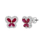 14K WHITE GOLD 1 1/2CT ROUND/RUBY DIAMOND LADIES EARRINGS (PEAR RUBY DIAMOND 8 STONE) - Image 2