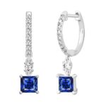 14K WHITE GOLD 1 1/4CT ROUND DIAMOND LADIES EARRINGS (BLUE SAPPHIRE PRINCESS 2 STONE) - Image 2