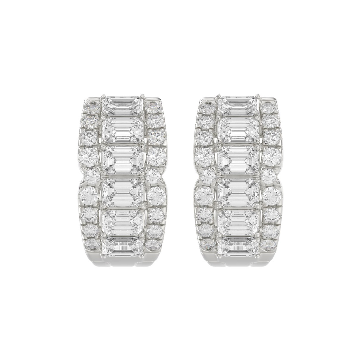 14K WHITE GOLD 1 3/4CT ROUND/EMERALD DIAMOND HOOP EARRINGS - Image 1