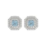 14K WHITE GOLD CRAFTED WITH 18K YELLOW GOLD BACK PLATE 1 1/2CT ROUND/BLUE CUSHION DIAMOND LADIES EARRINGS
