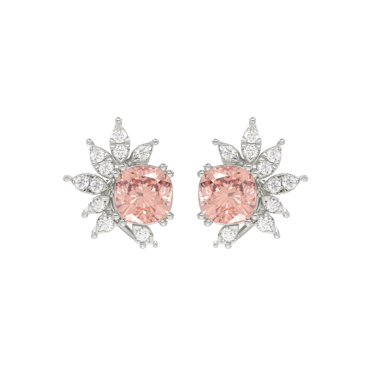 14K WHITE GOLD CRAFTED WITH 18K YELLOW GOLD BACK PLATE 1/10CT ROUND/PINK CUSHION DIAMOND LADIES EARRINGS - Image 1