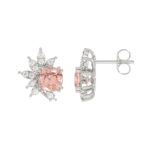 14K WHITE GOLD CRAFTED WITH 18K YELLOW GOLD BACK PLATE 1/10CT ROUND/PINK CUSHION DIAMOND LADIES EARRINGS - Image 2