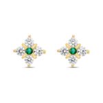 14K YELLOW GOLD 1 1/2CT ROUND DIAMOND LADIES EARRINGS (GREEN EMERALD ROUND 2 STONE)